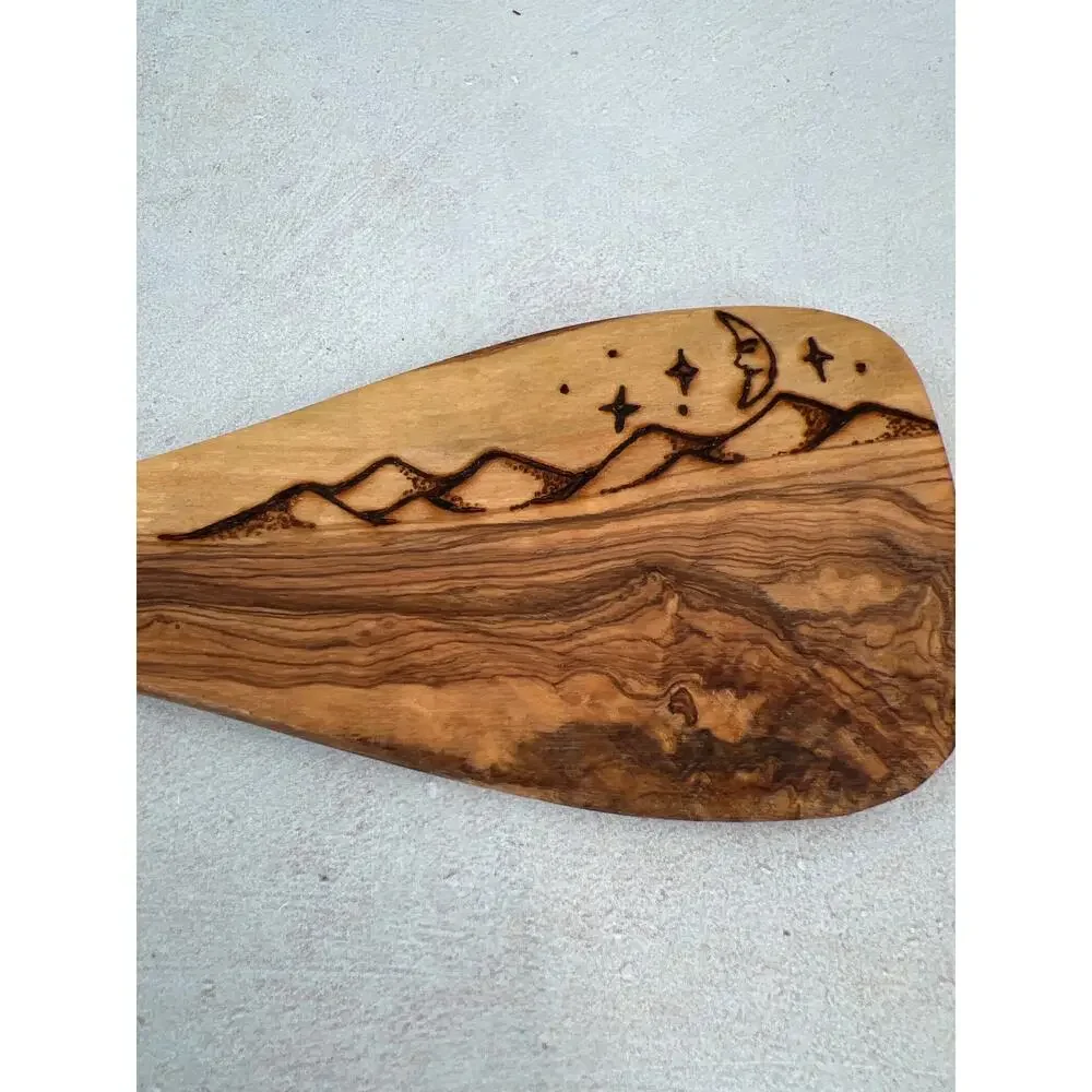 Engraved Olive Wood Spatula/ Cooking‎ Utensil Mountains Moon and Stars Sketching